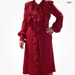 NWT CM.100 Midi Burgundy Dress with Ruffles Long Sleeves Size 8